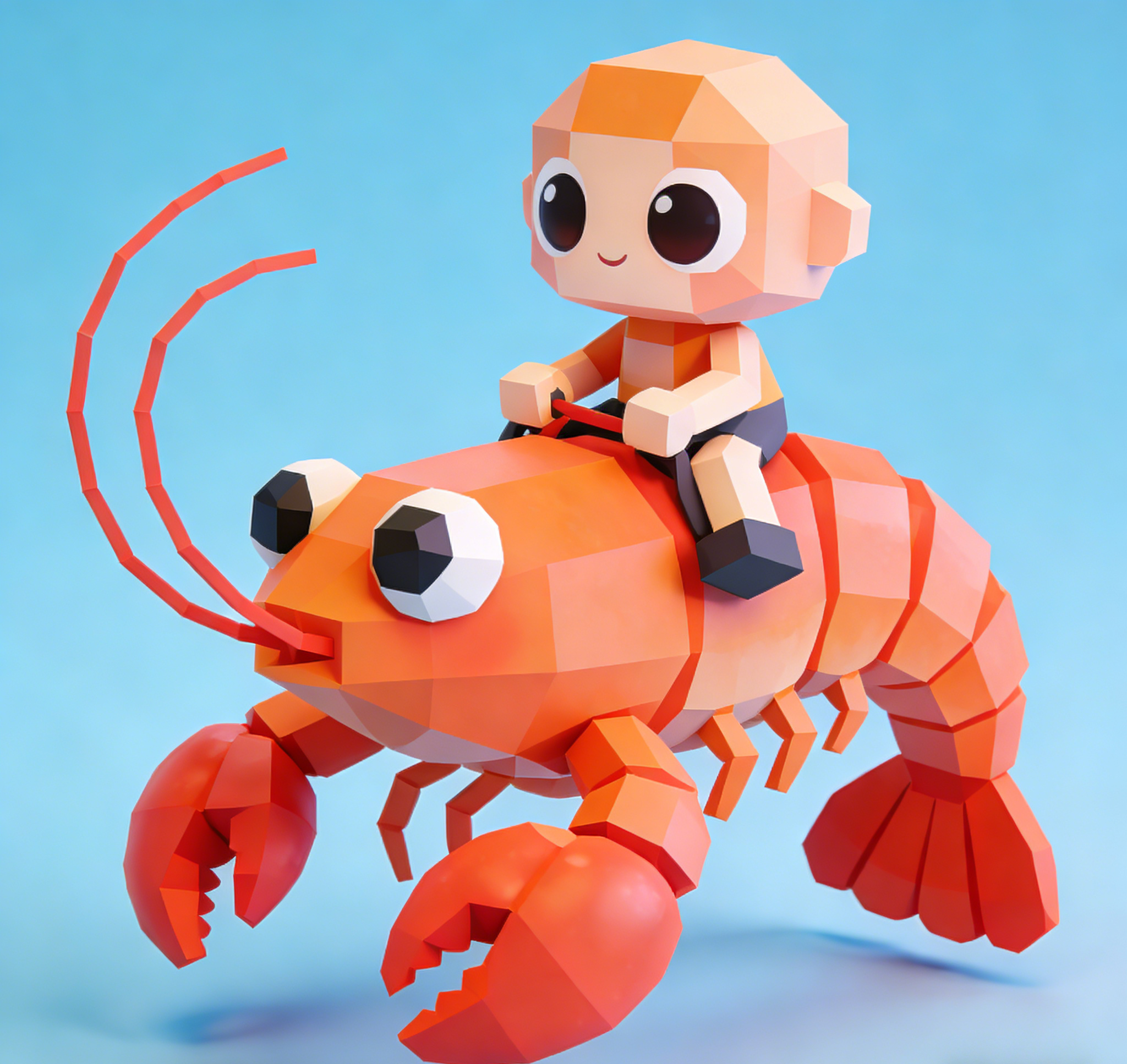 Low poly shrimp icon with blue and orange colors, 3D rendered style, geometric design